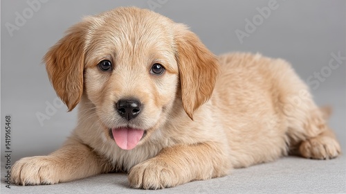 Adorable Golden Retriever Puppy Covered with Crumbles Lying on Gray Surface