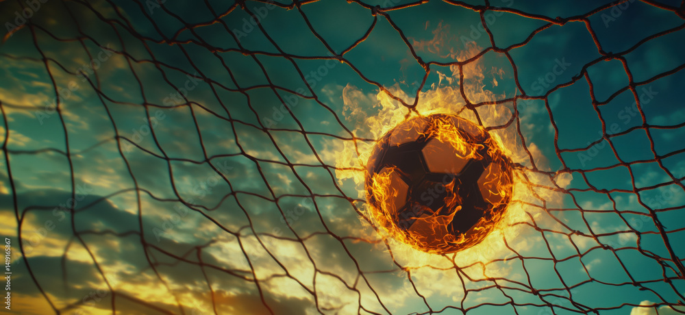 Fiery soccer ball igniting net in dramatic sunset sky, showcasing passion and intensity of the game, copy space for text.