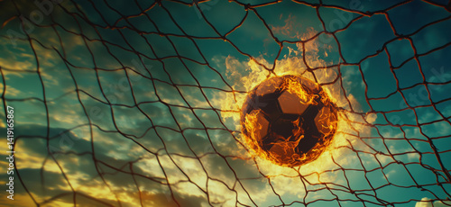 Obraz na płótnie Fiery soccer ball igniting net in dramatic sunset sky, showcasing passion and intensity of the game, copy space for text. w salonie