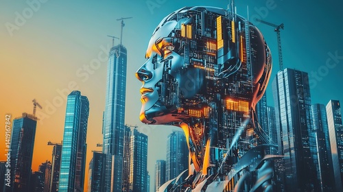 Futuristic vision featuring a robotic figure set against a vibrant cityscape