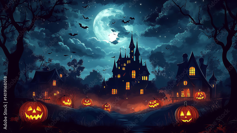 Creepy House with Carved Pumpkins . Creepy House with Carved Pumpkins .
