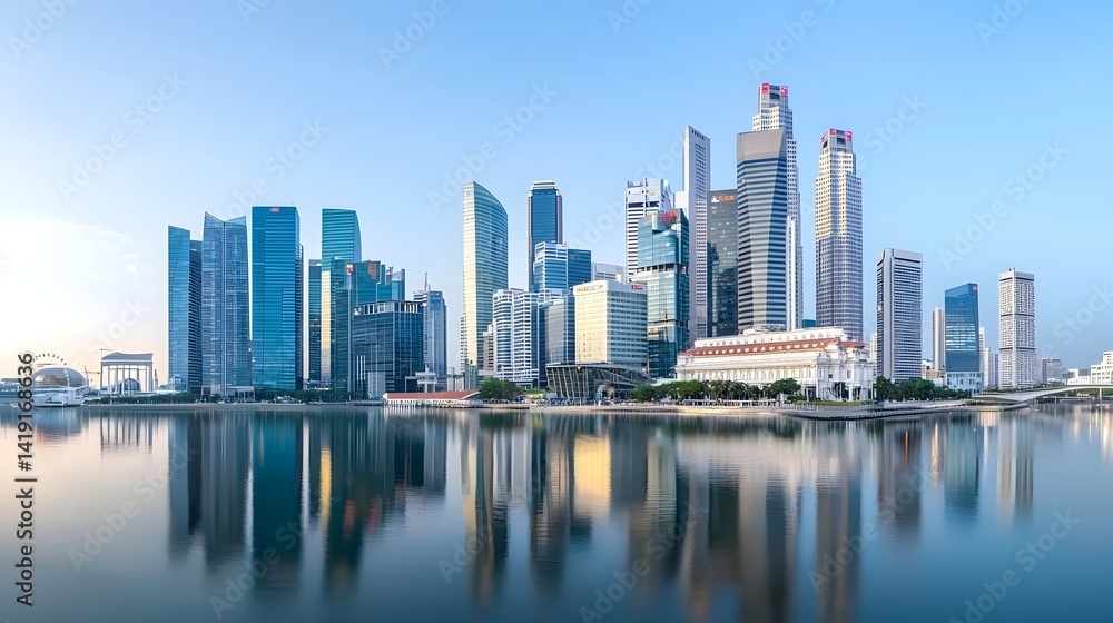 skyline of towering office buildings in a bustling corporate business district reflecting the warm glow of the setting sun skyline of towering office buildings in a bustling corporate business district reflecting the warm glow of the setting sun