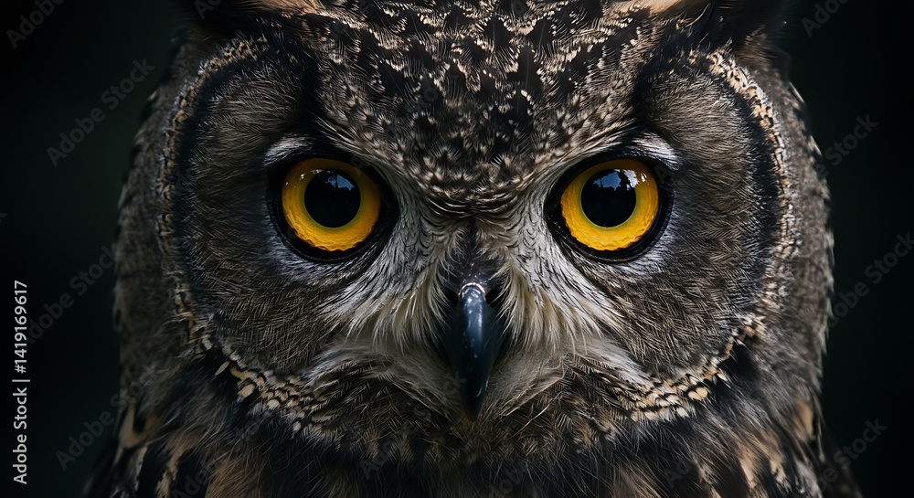 Fototapeta premium Owl Face Close Up with Yellow Eyes