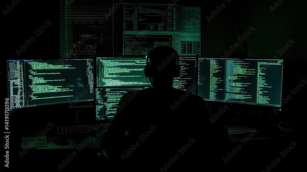 cybersecurity expert working on multiple monitors, dark room with code reflections, data protection theme, tech realism cybersecurity expert working on multiple monitors, dark room with code reflections, data protection theme, tech realism