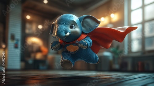 Adorable blue elephant superhero character running with cape in home interior