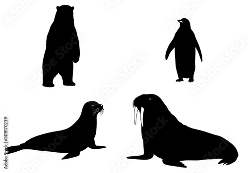 Arctic Animal Silhouettes Polar Bear, Penguin, Seal, Walrus