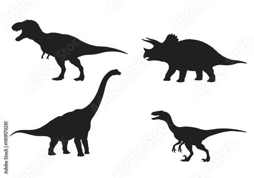 Silhouette Dinosaurs T-Rex, Triceratops, Brachiosaurus, Velociraptor Illustrations