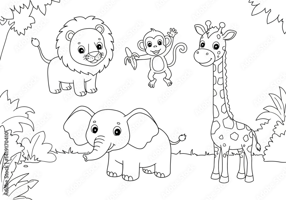 Obraz premium Adorable African Safari Animals Coloring Page Lion, Monkey, Giraffe, Elephant