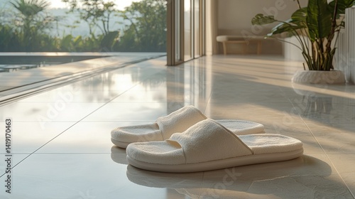 White slip-on sandals on a tiled floor, overlooking a pool and lush greenery