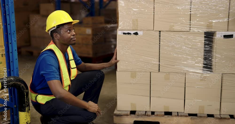 African adult male warehouse worker wearing safety helmet kneels beside stacked cardboard boxes wrapped in plastic film while inspecting packaging condition and checking product arrangement in storage