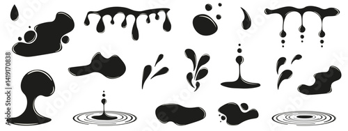 Set perfect Puddles with Splashing water Drops isolated transparent background. Drippid liquid vector graphic collection. Ideal oil and rain water Drops. EPS 10