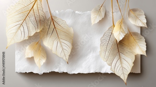 Gold and White Leaves on Textured Paper: Minimalist Luxury Background