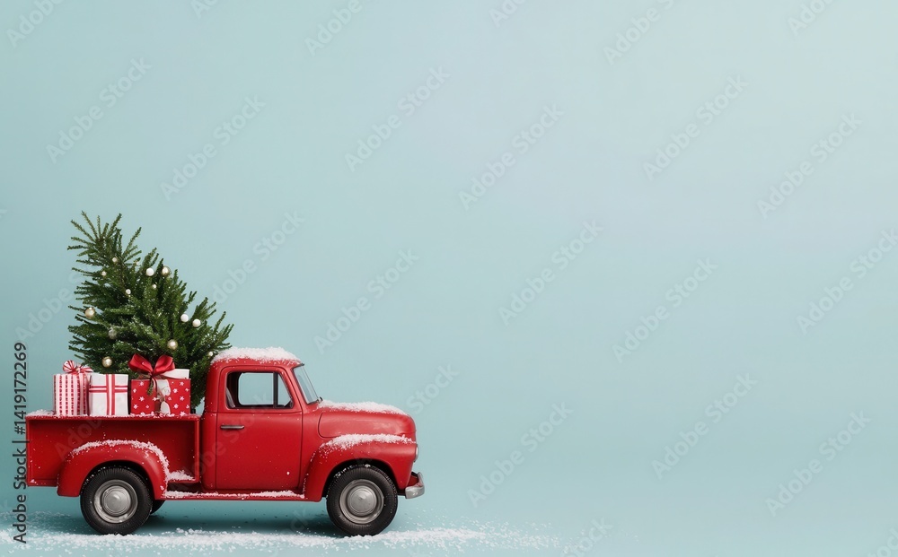 Fototapeta premium Vintage Red Truck with Christmas Tree and Presents on Snowy Background