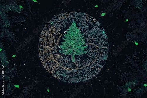 Abstract Representation of a Green Tree in a Circular Pattern Design