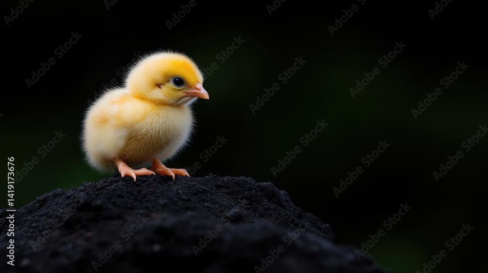 Tiny yellow chick perched on dark soil Tiny yellow chick perched on dark soil