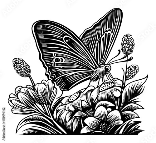 Detailed Butterfly Engraving Design with Floral Elements