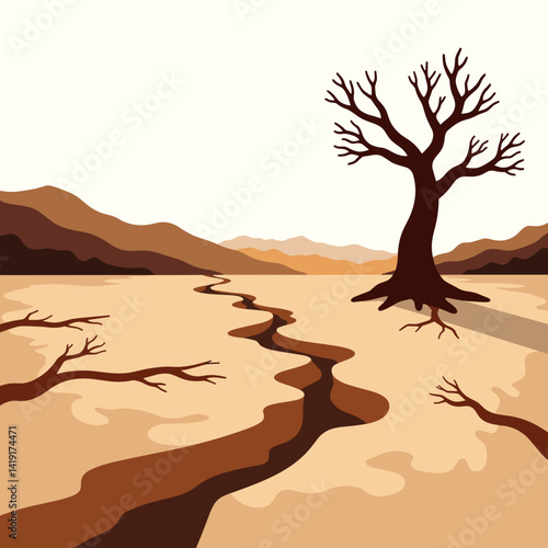 Drought-stricken land with cracked earth and barren tree  