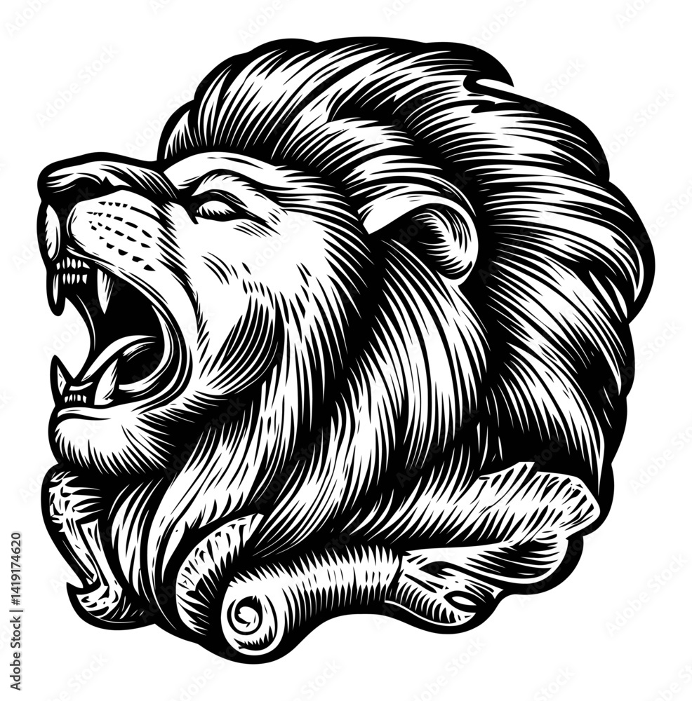 custom made wallpaper toronto digitalDetailed Black and White Engraving of a Roaring Lion Head