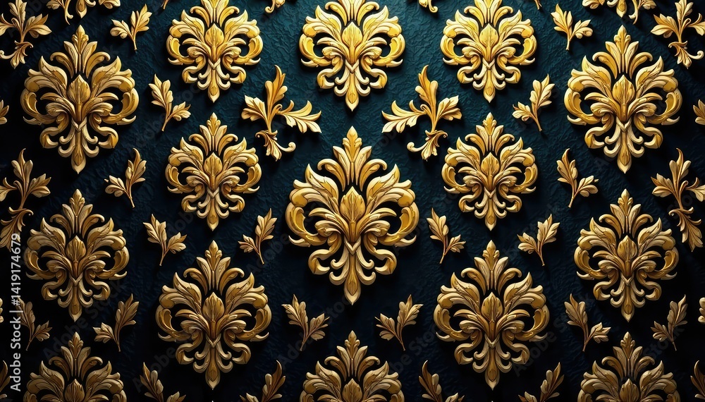 Intricate floral damask pattern in elegant gold hues , decoration, wallpaper design, symmetrical Intricate floral damask pattern in elegant gold hues , decoration, wallpaper design, symmetrical