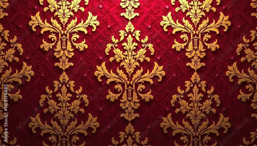 Intricate floral damask pattern in rich burgundy and gold , fabric, flower, antique Intricate floral damask pattern in rich burgundy and gold , fabric, flower, antique