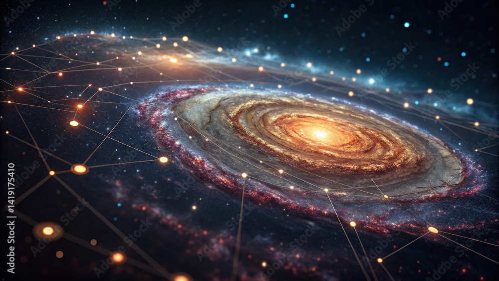 Obraz premium Galactic spiral with interconnected data sets, showcasing vibrant cosmic scene filled with stars and glowing connections, evoking wonder