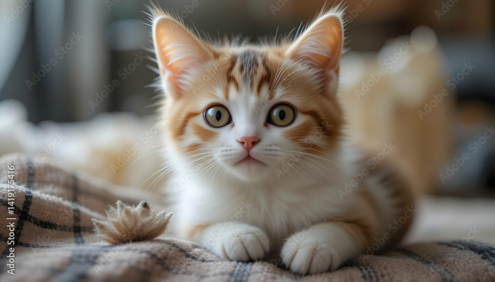 Fototapeta premium Adorable orange and white kitten resting on a plaid blanket, looking directly at the camera with big, bright eyes