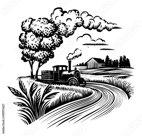 Vintage Train Illustration with Trees and Barn in Black and White