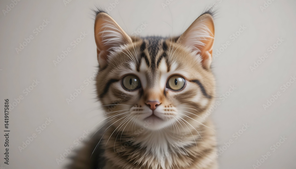 Adorable tabby kitten with striking green eyes stares intently at the camera Adorable tabby kitten with striking green eyes stares intently at the camera
