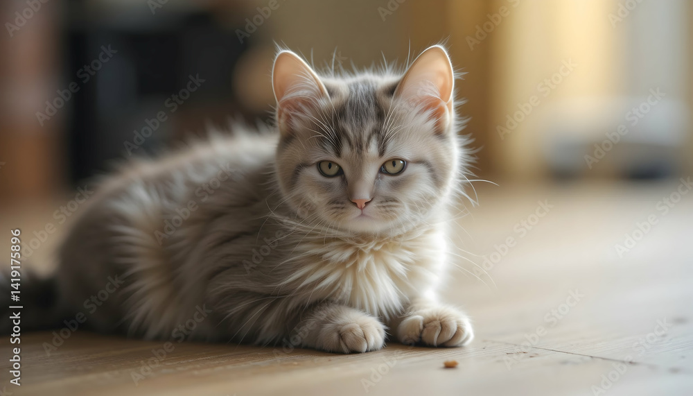 Fototapeta premium Adorable fluffy kitten resting on hardwood floor