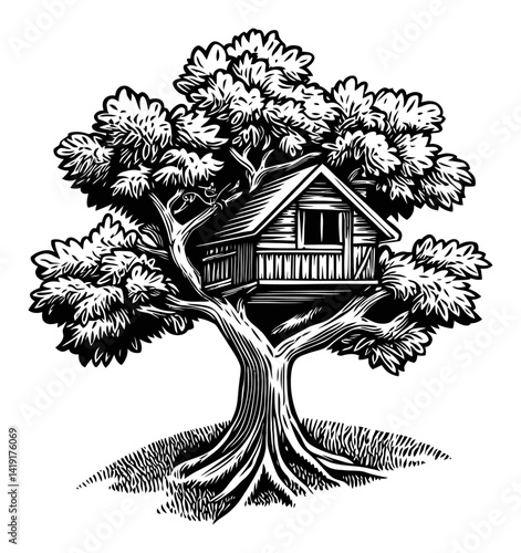 Detailed Engraving of a Tree House Surrounded by Lush Foliage