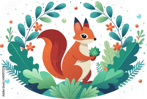 Squirrel and floral green wreath winter composition. squirrel on a tree Transparent background