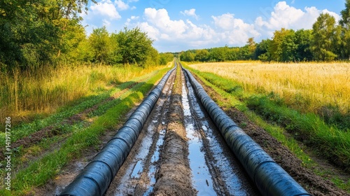 Multiple black irrigation pipes running parallel across a crop field