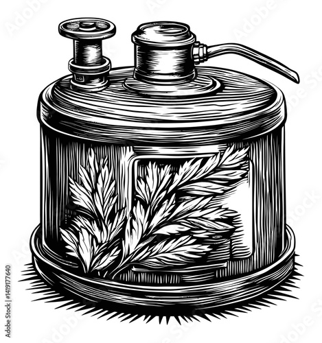 Vintage Engraving Illustration of a Retro Sprayer with Leaves