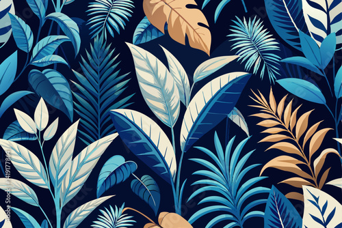 Tropical floral dark blue palm leaves seamless pattern, seamless pattern with leaves