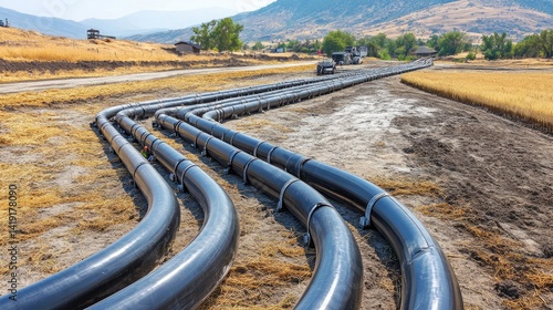 Pipes and nozzles installed on dry farmland for precision crop watering