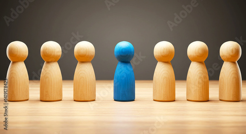 A row of wooden figures with one blue figure standing out from the rest on a wooden surface selling, purchase, agreement, $ marketing, ads, ai, man, treding,