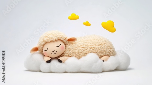 Sleeping kawaii sheep with tiny hooves tucked in, lying on a puffy cloud, dreamy and light on a white backdrop