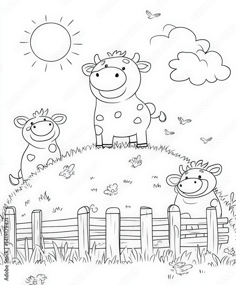 Fototapeta premium Black and white line art illustration of three smiling cartoon cows on a grassy hill with clouds, a sun, wooden fence, and flowers—perfect for children’s coloring or educational use.
