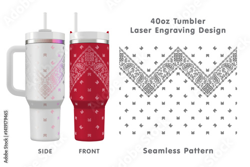 Paisley bandana laser engraving pattern for 40oz tumbler. Seamless from edge to edge. Full tumbler wrap. Vector illustration.