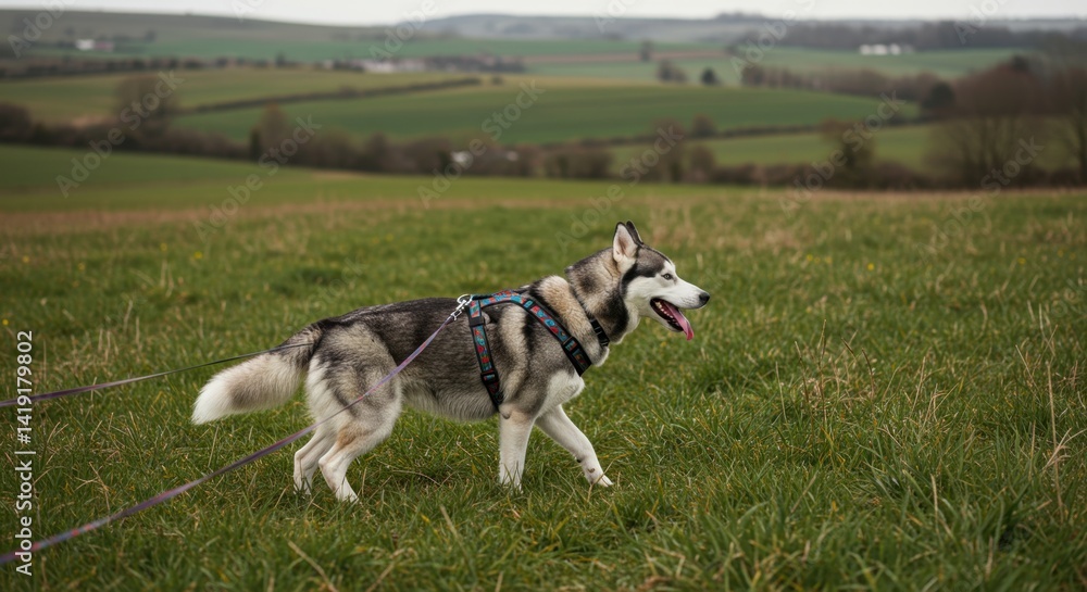 Siberian Husky Dog Walking in Green Field Siberian Husky Dog Walking in Green Field