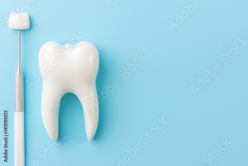 Tooth Model and Tool on Bright Blue Background for Dental Education