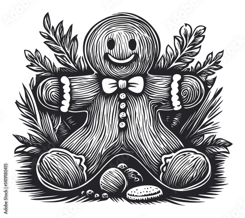 Cute Gingerbread Man Illustration in Woodcut Style Design