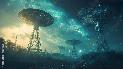 Surreal landscape featuring radio telescope array against a galactic backdrop