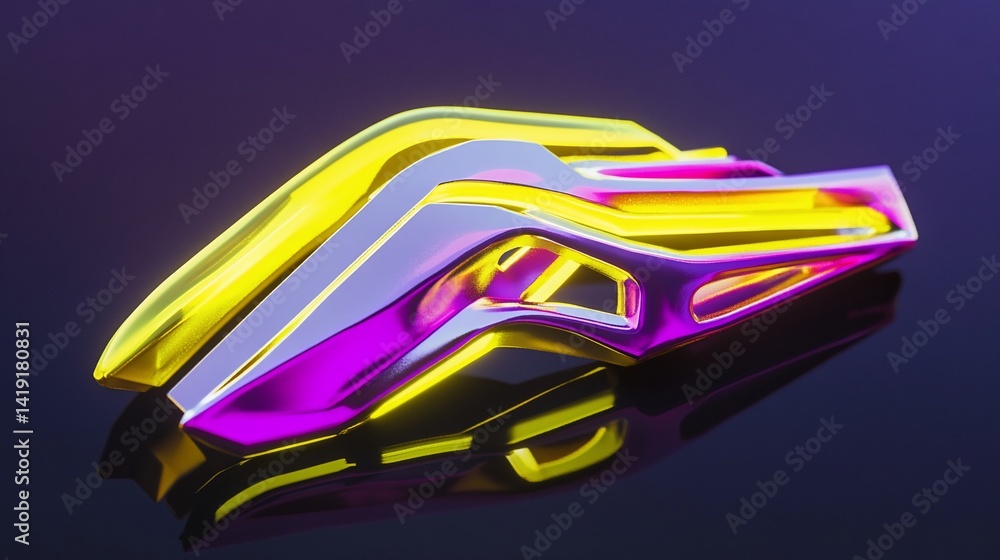 Abstract metallic sculpture with yellow and magenta curves reflecting on a dark surface. Abstract metallic sculpture with yellow and magenta curves reflecting on a dark surface.
