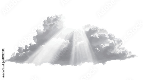 The monochrome image depicts a cumulus cloud formation with sunlight breaking through the clouds, creating a dramatic contrast of light and shadow. The grayscale palette enhances the ethereal quality.