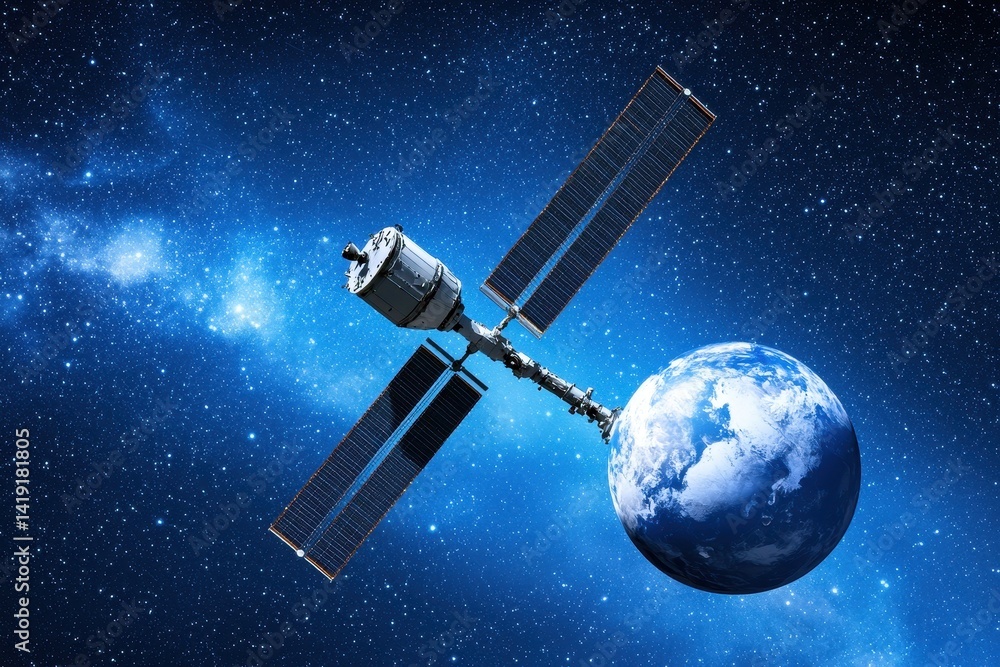 Naklejka premium Satellite Orbiting Earth in Deep Space Against Vibrant Background