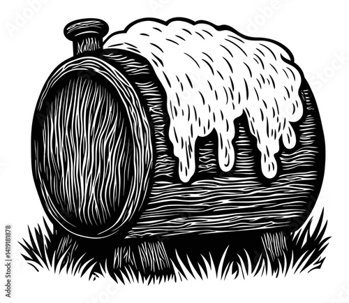 Vintage Wood Barrel with Overflowing Foam in Black and White Engraving