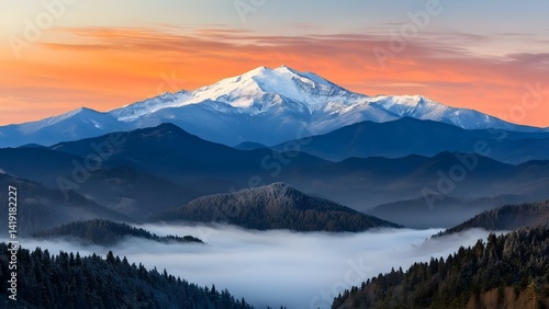 Wallpaper Mural A majestic snowy mountain peak surrounded by misty valleys and forests under a colorful sky at sunrise or sunset. Concept Majestic Snowy Mountain, Misty Valleys, Lush Forests, Colorful Sunrise Torontodigital.ca