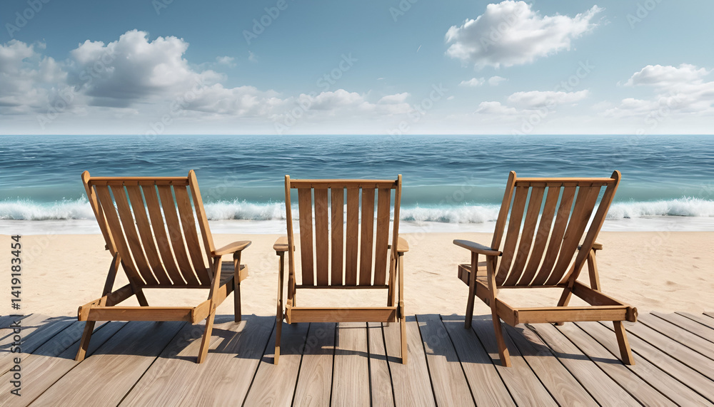 Wooden beach chairs on a deck overlooking the ocean Wooden beach chairs on a deck overlooking the ocean