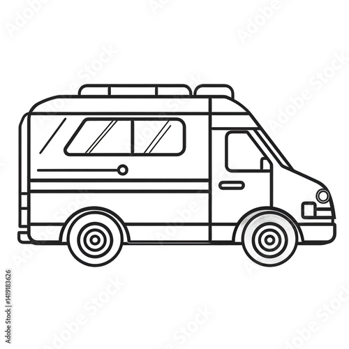 Wallpaper Mural A simple line drawing of a camper van parked on a scenic road, surrounded by lush greenery and distant mountains, suggesting adventure and travel , isolated on white or transparent png Torontodigital.ca
